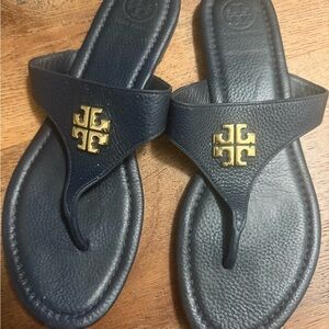 Tory Burch navy blue shirt Leather Thong Sandals with Gold Logo